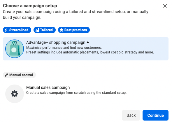 Screenshot of Facebook Advantage+ Shopping